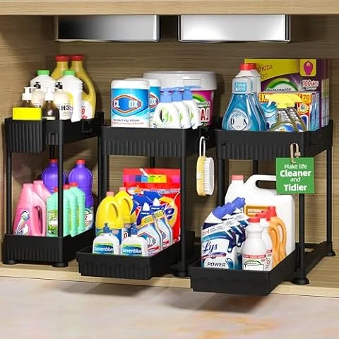 Sevenblue 3-Pack 2-Tier Under Sink Organizers with Sliding Drawers | Multi-use kitchen & bathroom storage, Large black cabinet organizer, space-saving sliding drawer design.