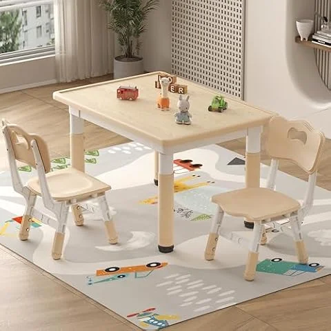 JONUTATO Kids Table and Chairs, Graffiti Desktop Toddler Table and 2 Chairs | 31.5''L x 23.6''W Childrens Table and Chair Set, Height Adjustable Kids Table for Ages 3-8, Max 300lbs, Burlywood