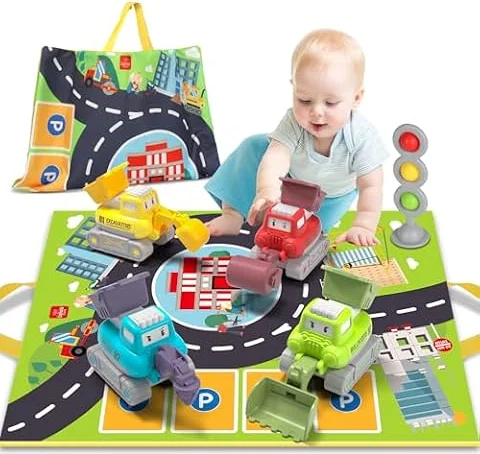 Lehoo Castle 1 Year Old Boy Toys, Press and Go Construction Truck Toys | 4 Vehicles, Play Mat & Storage Bag, Movable Parts, Fine Motor Skills, Travel Friendly, Birthday Gift for Toddlers 18M+