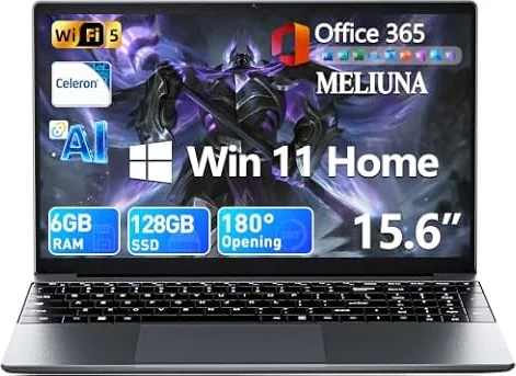 MELIUNA 15.6'' AI Software Laptop with Office 365, 6GB RAM 128GB SSD | 180° Opening Display, 7000mAh Battery, Win 11 Laptops AI Software, Full-Featured Type-C,Business Student Notebook(Ash Gray)