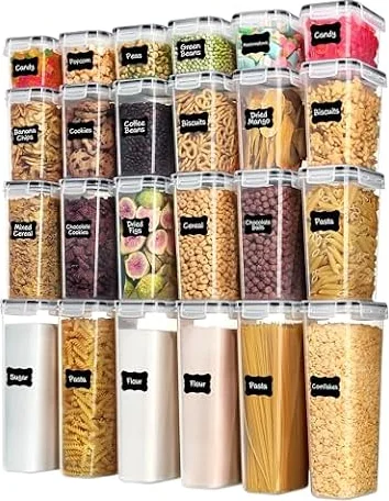 Airtight Food Storage Containers with Lids, Vtopmart 24 pcs Plastic Kitchen and Pantry Organization Canisters for Cereal, Dry Food, Flour and Sugar, Includes 24 Labels，Black