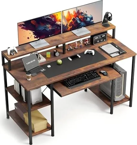 MUTUN 47 Inch Computer Desk, Office Desk with Keyboard Tray, Vintage Brown | Gaming Desk with Shelves, Wooden Table with Monitor Stand for Study, Home Office