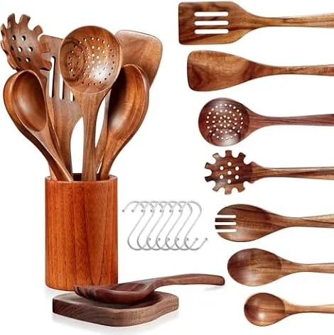 LSFCHUJU Wooden Spoons for Cooking - 10 Piece Natural Teak Wood Kitchen Utensil Set, Wooden Spoons Set with Holder, Spoon Rest & Hooks, Wooden Spatula Set with 7 Metal Hooks