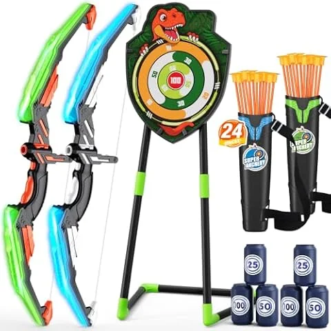 HYES 2 Pack Bow and Arrow for Kids, LED Light Up Archery Set for Boys Girls | with 24 Suction Cup Arrows, 1 Standing Target, 6 Score Targets & 2 Quivers, Indoor Outdoor Sport Gifts for Kids Ages 3-12