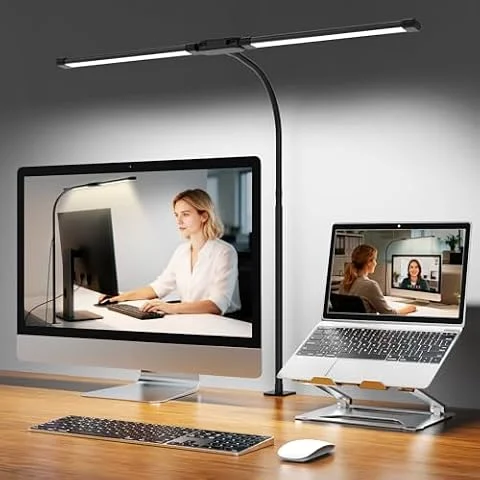 Woputne Flexible Dual Head LED Desk Lamp, Super Wide & Bright 960LM, 12W | 5 Color Modes x 10 Brightness Levels, Computer Monitor Table Light with Clamp for Office Study Crafts Drawing, 5V 2A Adapter