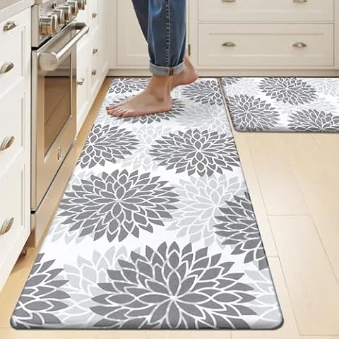 HEBE Anti Fatigue Kitchen Rug Sets 2 Piece, Non Slip Kitchen Mats for Floor | Waterproof Cushioned Kitchen Floor Mat,Ergonomic Comfort Standing Mat for Home,Office,Sink, Desk,17.3"x28"+17.3"x48",Grey