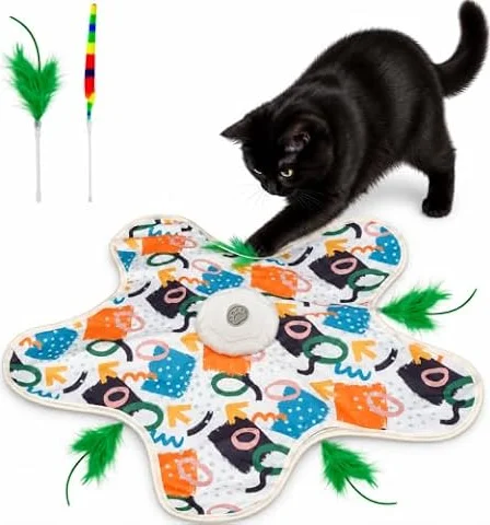 Hide and Seek Interactive Cat Toys, 3-Mode Touch Activated for Indoor Cats | 2xMoving Feather & Squeaky Soundplay Automatic Keep Indoor Cats Chasing, Pouncing and Engaged During Solo Play Reduce Boredom