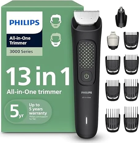 Philips All-in-One 3000 Trimmer, 13-Piece Kit, Black | Beard Styler & Hair Clipper, Self-Sharpening Blades, 8 Length Settings, 60-Min Runtime, Fully Washable blades, MG3939/18