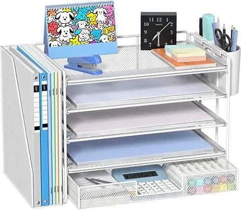 Gugsey Desk Organizer with File Holder, Organisateur de Bureau, White | 5-Tier Paper Letter Tray with Drawer and Pen Holder, Metal Mesh Desktop File Organizer for Home Office School Supplies