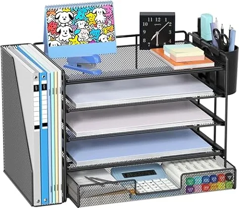 Gugsey Desk Organizer with File Holder, Organisateur de Bureau, Black | 5-Tier Paper Letter Tray with Drawer and Pen Holder, Metal Mesh Desktop File Organizer for Home Office School Supplies