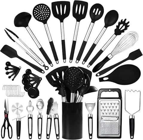 40PCs Silicone Cooking Utensils Set 446℉ Heat Resistance, RFAQK BPA Free Kitchen Utensils Set for Nonstick Cookware, Gadgets Includes Can Opener, Potato Smasher,Peeler,Tongs,Spatula Set,Pizza Cutter