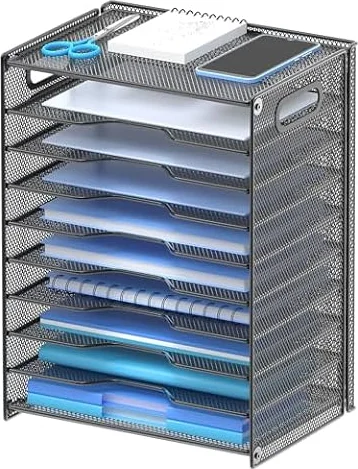 OUTWOLF 10 Tier Paper Organizer - Letter Tray Mesh Desk File Organizer with Handles for Office School Desktop, Black
