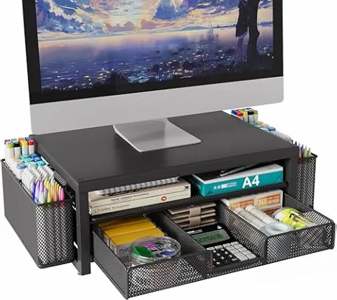 Metal Monitor Stand Riser with Drawer & 2 Pen Holders Storage for Desktop,2 Tier Computer Desk Organizer Stand for Laptop, Computer, iMac(Black)